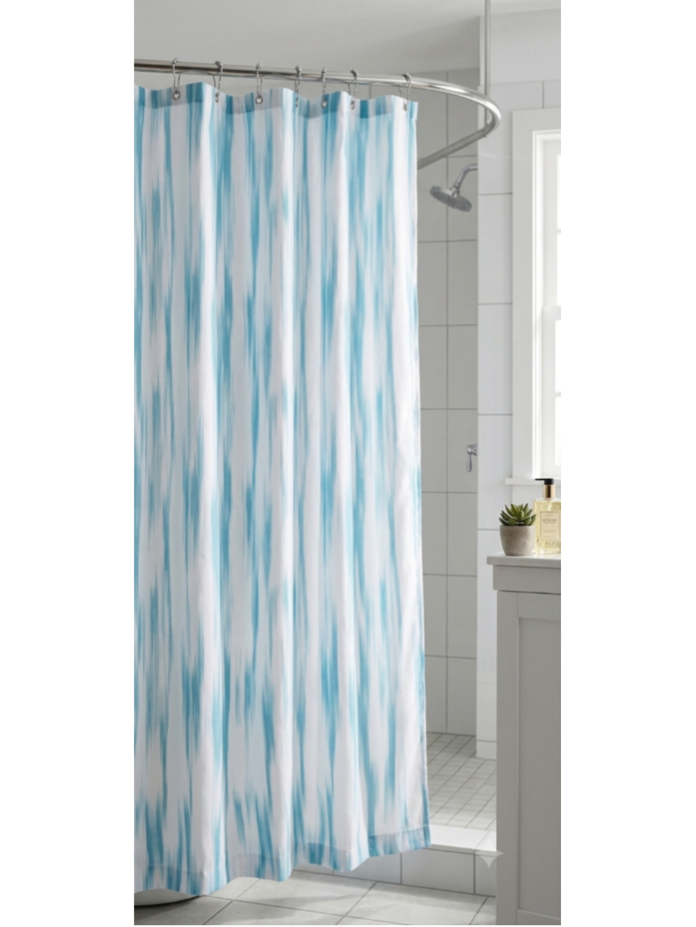 White Aqua Blue Ikat Abstract Pattern Watercolor Fabric Shower Curtain Coastal